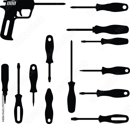 Diverse Screwdriver and Hand Tools Silhouettes Collection: Essential Equipment for Repair, Assembly, & DIY Projects - Vector Set.
