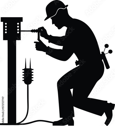 electrician man tightening screw vector black silhouette