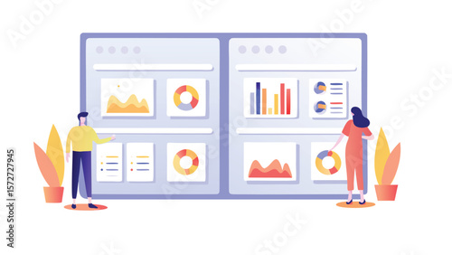 People analyzing data dashboards with charts and graphs in a modern interface design concept