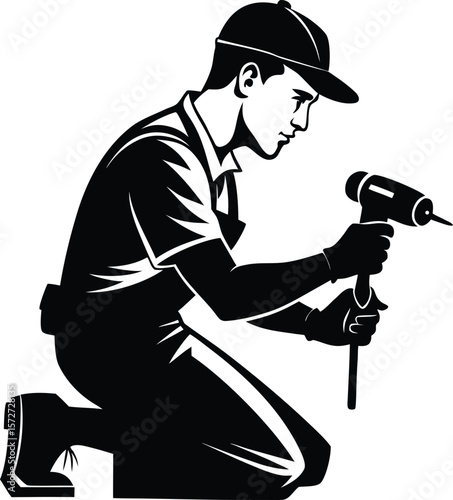 electrician man using screwdriver vector black silhouette