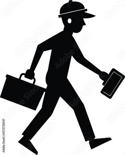 electrician man walking with toolbox vector black silhouette