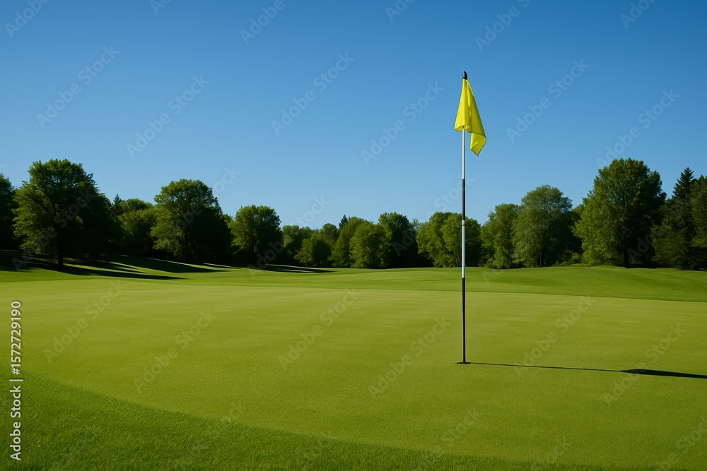 Obraz premium Pristine Golf Course Landscape with Yellow Flag Under Blue Sky
