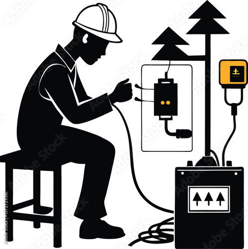 electrician man wiring distribution box vector black silhouette