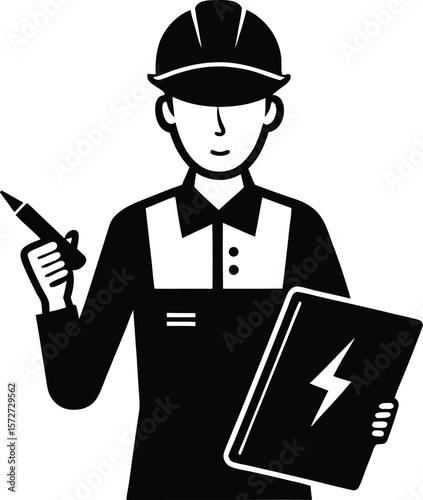 electrician man with clipboard and pen vector black