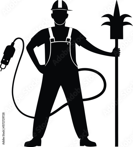 electrician man with extension cord vector black silhouette