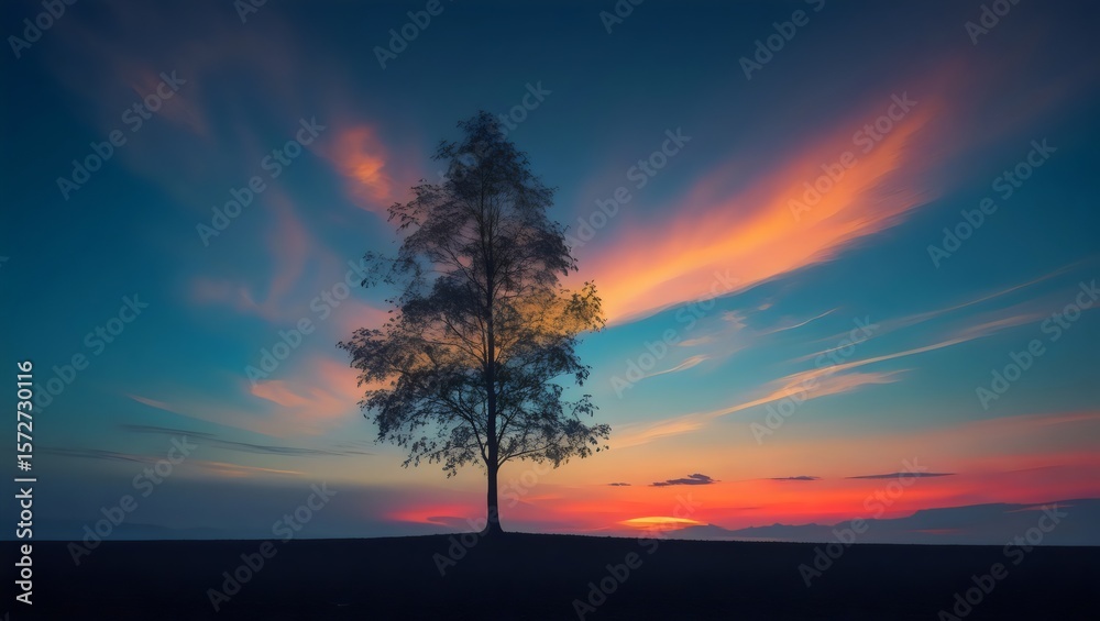 Fototapeta premium Lone Tree Sunset: Vibrant Sky Over a Tranquil Landscape
