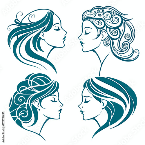 Stylized women profile portraits teal vector