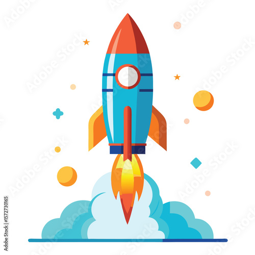 A rocket launching into space, on a plain white surface, for space, exploration, ambition, or futuristic technology.