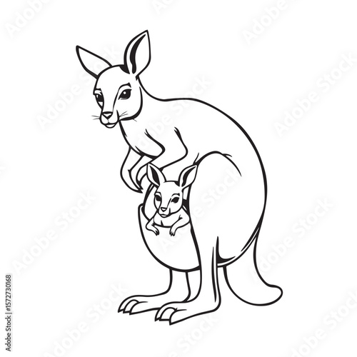 Kangaroo with baby in pouch line art vector design concept black and white illustration.