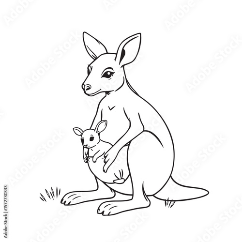 Kangaroo with baby in pouch line art vector design concept black and white illustration.