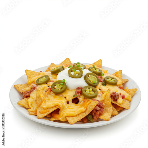 Delicious cheesy nachos with jalapenos and sour cream isolated on white background.