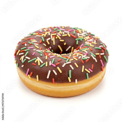 Delicious Single Donut with Colorful Sprinkles on White Background, High Detail.