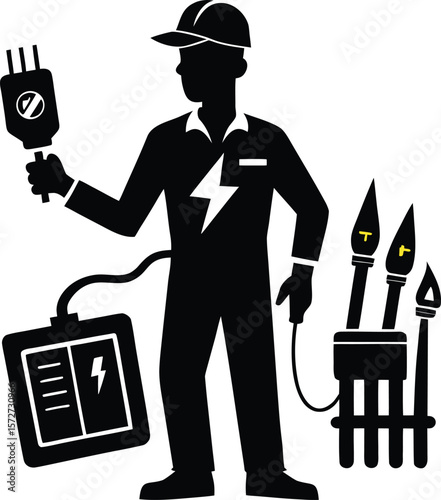 electrician man with voltage tester vector black silhouette