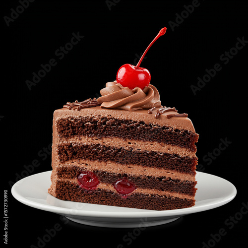 Indulgent Chocolate Cake Slice with Cherry, Isolated for Food Photography.