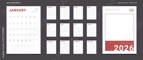 2026 Calendar Planner Set of Template Monthly Page with Note and cover with Place for Photo, Company Logo. Vector grid layout of wall or desk organizer with week start Sunday for print. Pages size A4