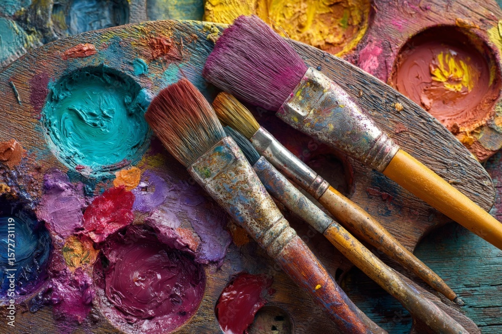 Fototapeta premium Artistic tools arranged on a wooden palette with vibrant paints in an artist's studio setting