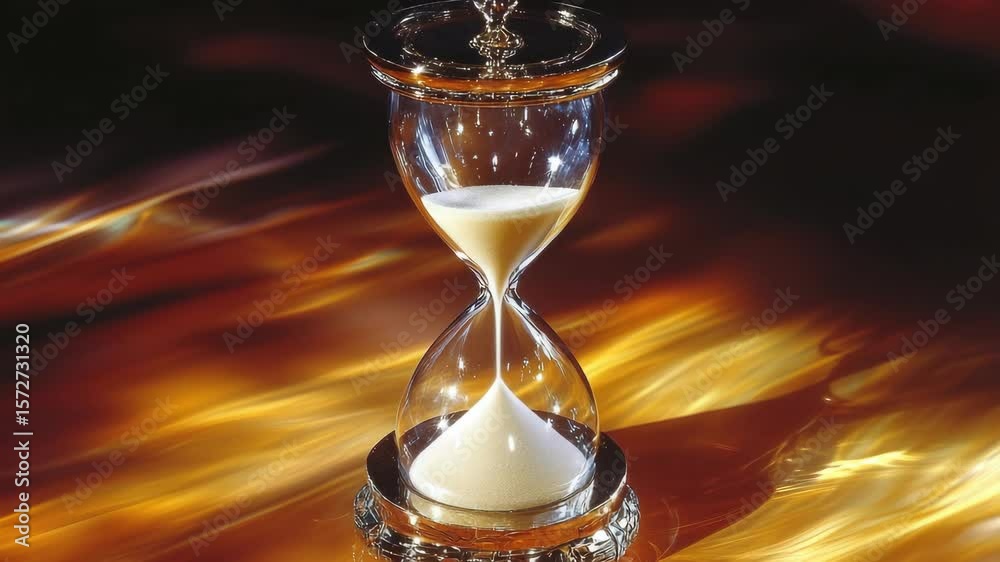 An hourglass on a reflective surface, symbolizing the concept of time passing and the reflection of life's impermanence.