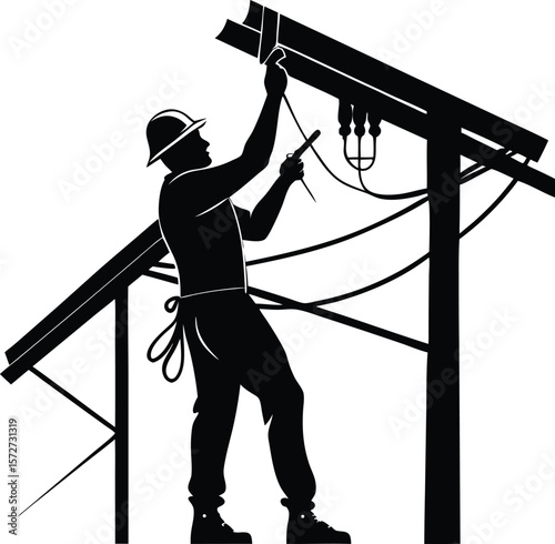 electrician man working on ceiling wiring vector black
