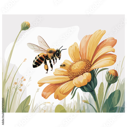 A bee collects nectar from a vibrant yellow flower in a meadow