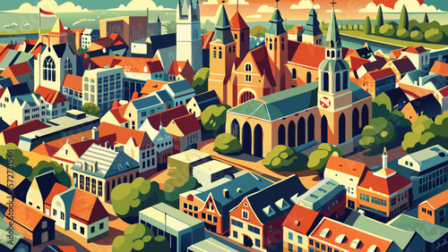 City center aerial of Dutch town Utrecht showing the historic buildings surrounding De Dom cathedral church tower and ambulatory in The Netherlands