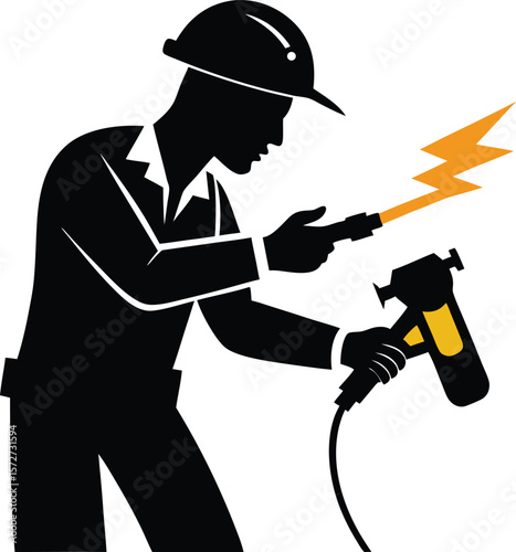 electrician man working with crimping tool vector black silhouette