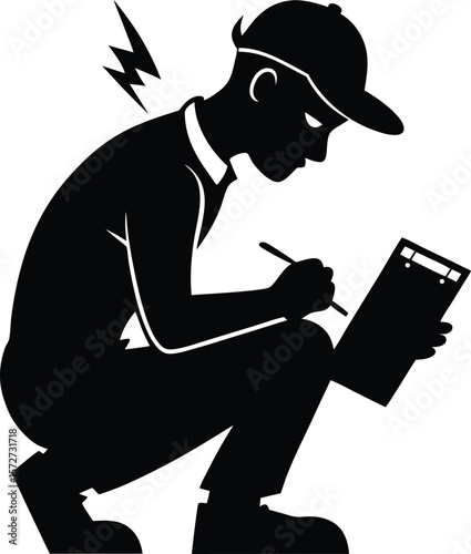 electrician man writing notes vector black silhouette
