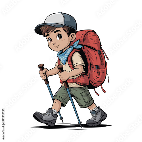 Young boy with backpack and hiking poles enjoys an outdoor adventure