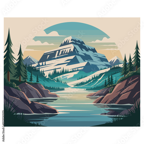 Stylized mountain lake landscape with evergreen trees and snow capped peak