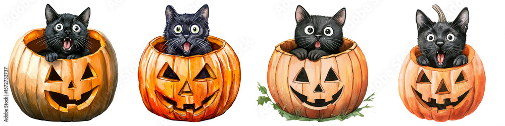 Fototapeta premium Black cat watercolor art for Halloween, Four black kittens sitting inside carved Halloween pumpkins with various facial expressions.