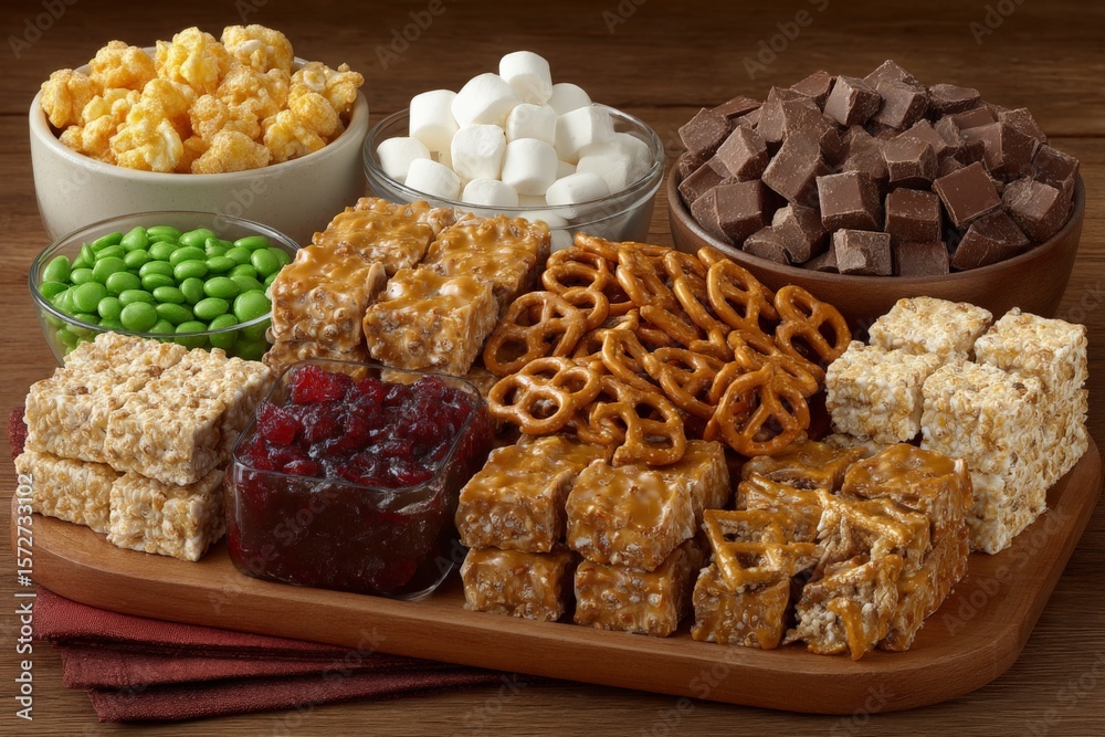 Fototapeta premium Delicious spread of snacks featuring popcorn, candy, and sweet treats perfect for gatherings at any time of day