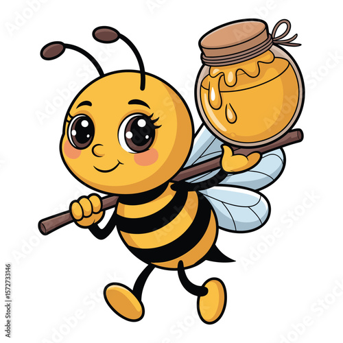 Cute cartoon bee carrying a jar of honey on a stick