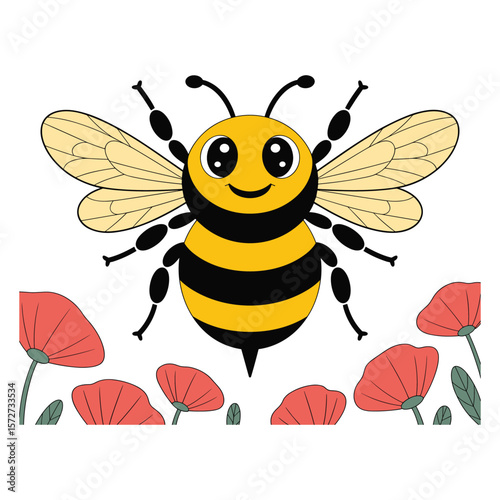 Cute cartoon bee flying over red poppies in a field