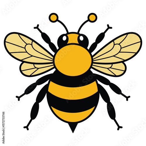Cute cartoon bee with black stripes and yellow wings on white background