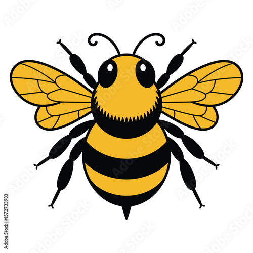 Cute cartoon bee with yellow and black stripes and wings