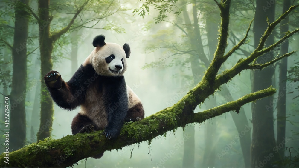 Obraz premium A friendly panda sits on a mosscovered branch in a misty forest, waving its paw in a welcoming gesture, showcasing its adorable black and white fur
