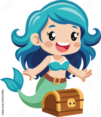 excited chibi mermaid with treasure chest on white background