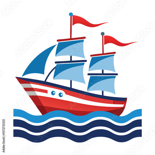A ship sailing on waves, isolated on a white background, for ocean, travel, journey, or adventure themes.
