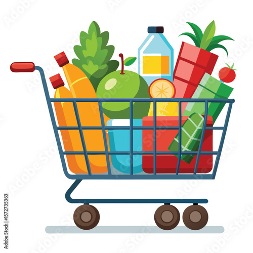A shopping cart overflowing with groceries, isolated on a clean white background, for retail, consumerism, food, or abundance.