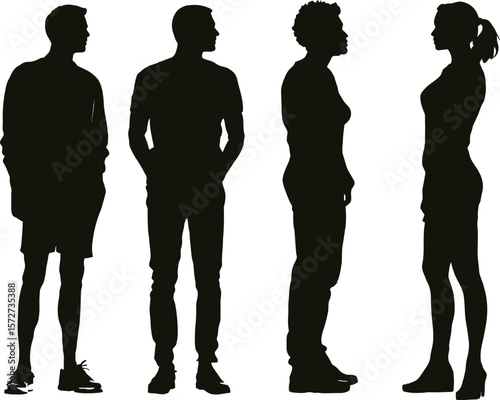 black and white hand-drawn human silhouette group — 4 minimalist icons depicting diverse postures and fashion styles