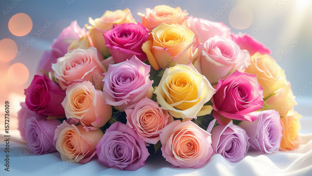 Fototapeta premium Beautiful colorful roses bouquet floral arrangement romantic gift love valentines day flowers bloom blossom petals