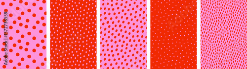 Seamless patterns with red and pink dot background in playful retro abstract style. Seamless checkerboard and polka dot vector backgrounds for fabric, wrapping paper, wallpaper. Drag to swatches panel