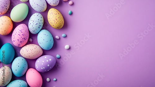 Colorful Easter eggs arranged on a purple background