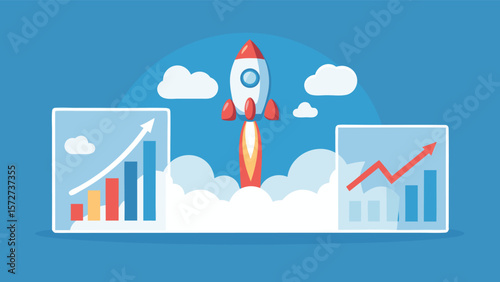 Illustration of a rocket launching with charts and clouds against a blue background in a flat style