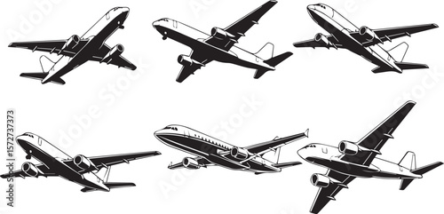 set of silhouettes of airplanes, icons of plane, black and white airplane illustrator vector isolated white background, png background airplane
