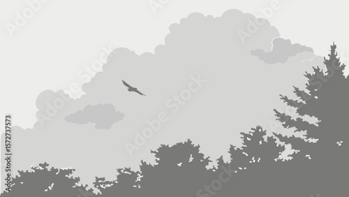 Vector Serene grayscale landscape features clouds and bird soaring above trees, evoking tranquility
