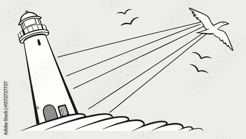Vector Lighthouse stands tall, guiding with beams of light while bird soars above, evoking sense