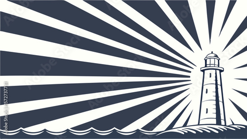 Vector Lighthouse stands tall against backdrop of radiating light beams, symbolizing guidance and hope