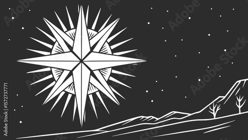 Vector Bright white starburst shines against dark night sky, illuminating landscape