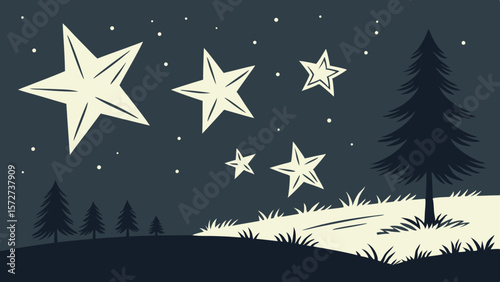 Vector transparency background features five bright shining stars and silhouette of tree