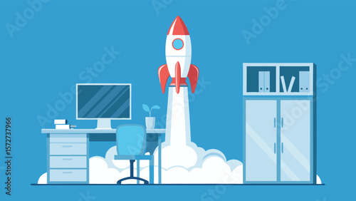 Illustration of a rocket launching from an office with desk, chair, computer and filing cabinet
